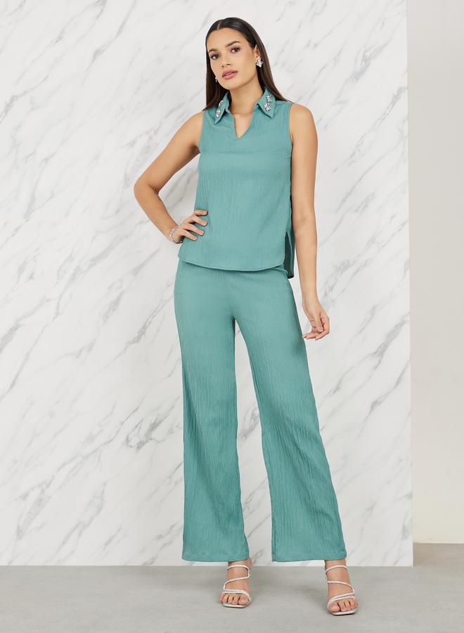 Styli Styli Embellished Collar Textured Top and Straight Leg Pant Set  - Image 1