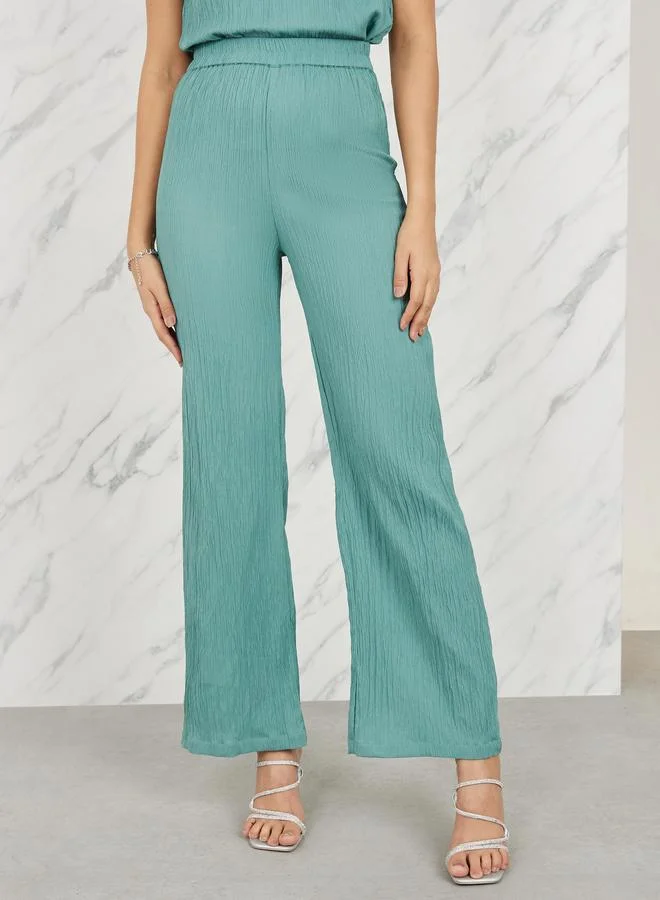 Styli Styli Embellished Collar Textured Top and Straight Leg Pant Set
