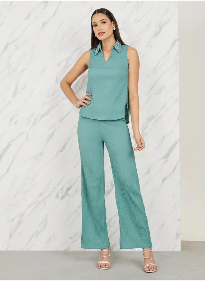 ستايلي Embellished Collar Textured Top and Straight Leg Pant Set