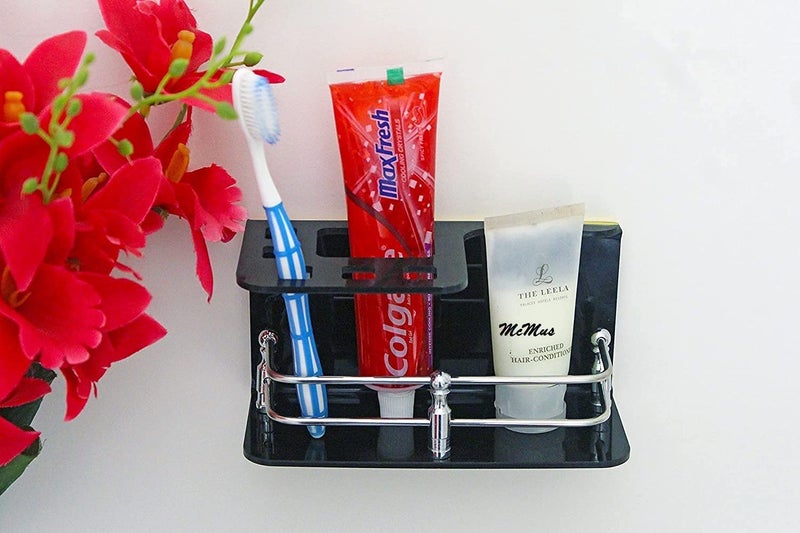 McMus Easy Stick On self Adhesive Wall Mount Acrylic and Stainless Steel Toothbrush HolderStandTumblerToothpaste Holder for Bathroom Stand Organizer Rack for Home Black - Image 1