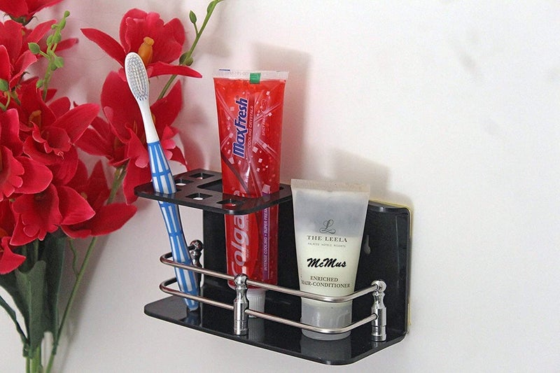 McMus Easy Stick On self Adhesive Wall Mount Acrylic and Stainless Steel Toothbrush HolderStandTumblerToothpaste Holder for Bathroom Stand Organizer Rack for Home Black - Image 3