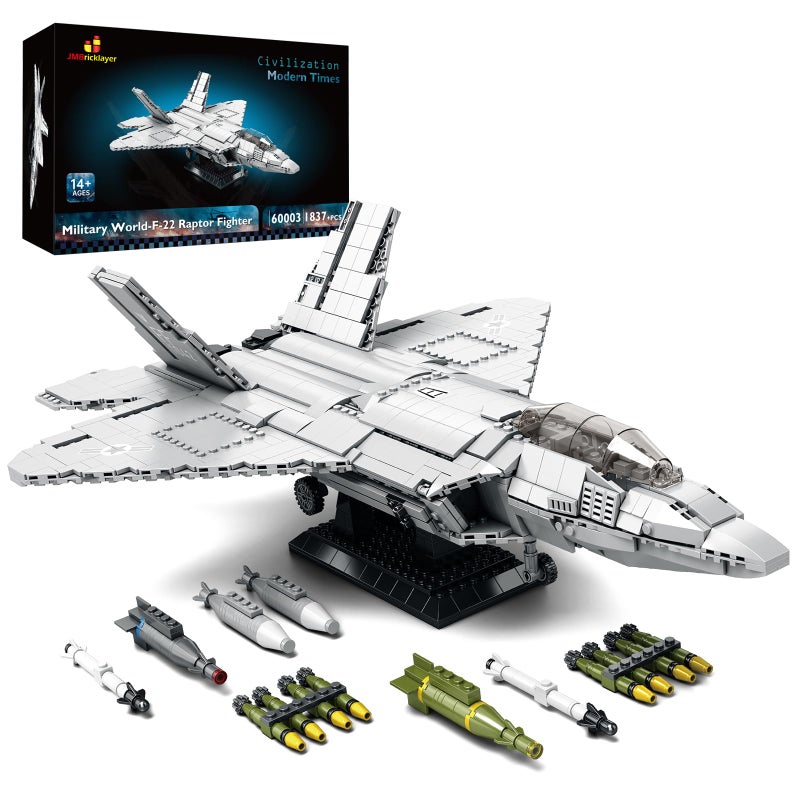 JMBricklayer F-22 Raptor Fighter Jet Building Block Set, Military Airplane Toy Army Construction Sets, Toys Gifts for Kids 14+, Adults and Military Fans 60003 (1837PCS) - Image 1