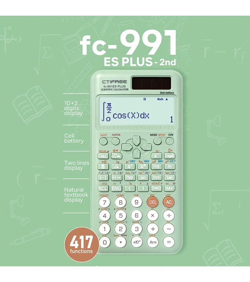 Green Large Screen Scientific Calculator 417 Functions for Student Exam - Image 1