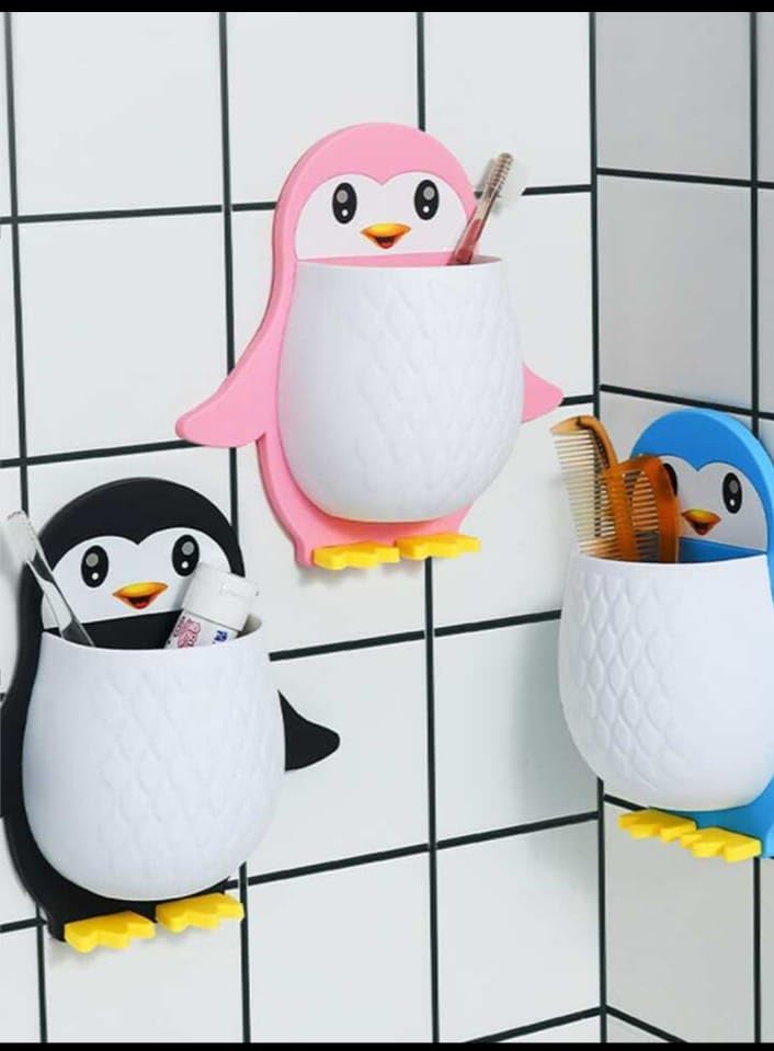 SIMESTICH Toothpaste Holder Wall Mounted Penguin Design Remote Holder Organizer Hanging Pencil Mobile Holder Bathroom Toothbrush Holder Makeup Tools Wall Hanging Storage (Multicolour) (1) - Image 3