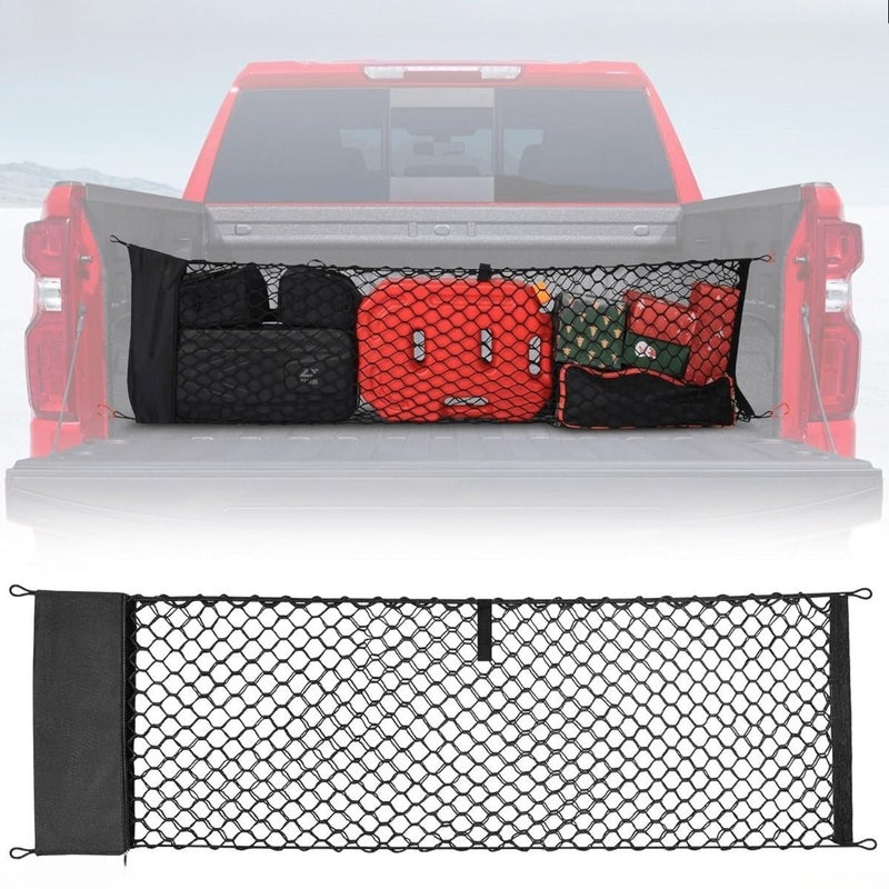 Black Heavy Duty Envelope Style Trunk Net For Chevy Silverado 2013-2024 Truck Bed Mesh Cargo Net With Elastic Carabiners - Image 1