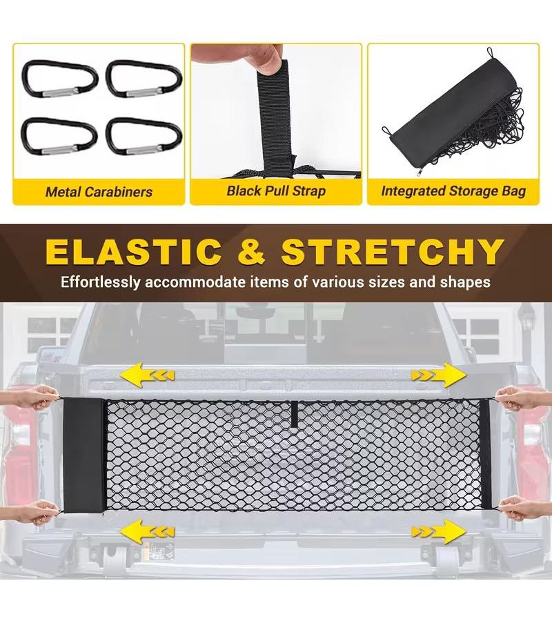Black Heavy Duty Envelope Style Trunk Net For Chevy Silverado 2013-2024 Truck Bed Mesh Cargo Net With Elastic Carabiners - Image 4