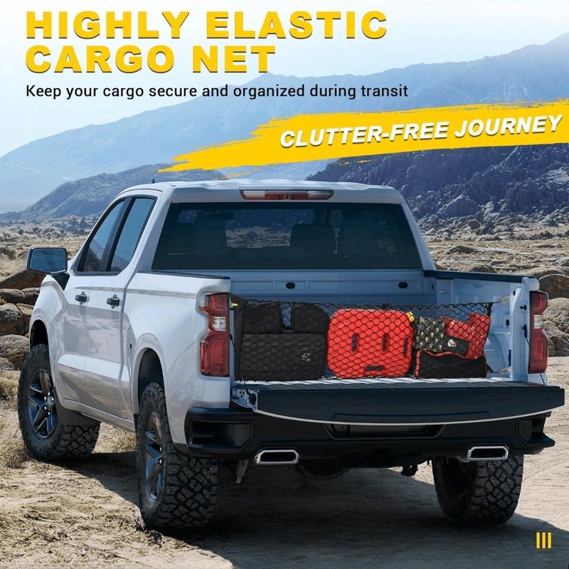 Black Heavy Duty Envelope Style Trunk Net For Chevy Silverado 2013-2024 Truck Bed Mesh Cargo Net With Elastic Carabiners - Image 2