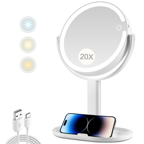 MIYADIVA Makeup Mirror with Lights,20X Magnifying Mirror with Light and Touch Switch,Vanity Mirror with 3 Color Light and 80 LEDs,2-Sided Lighted Magnified Mirror 8.8 Inches - Image 1