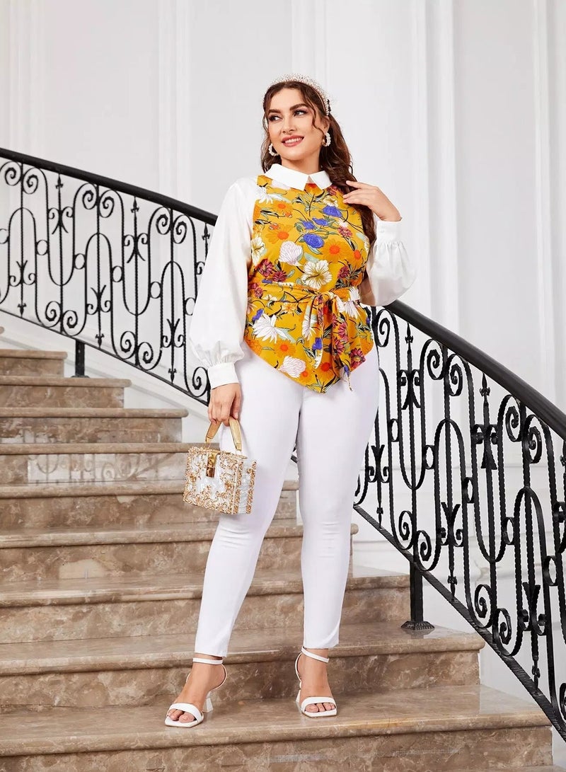 Plus Floral Print Hanky Hem Bishop Sleeve Belted Blouse - Image 4