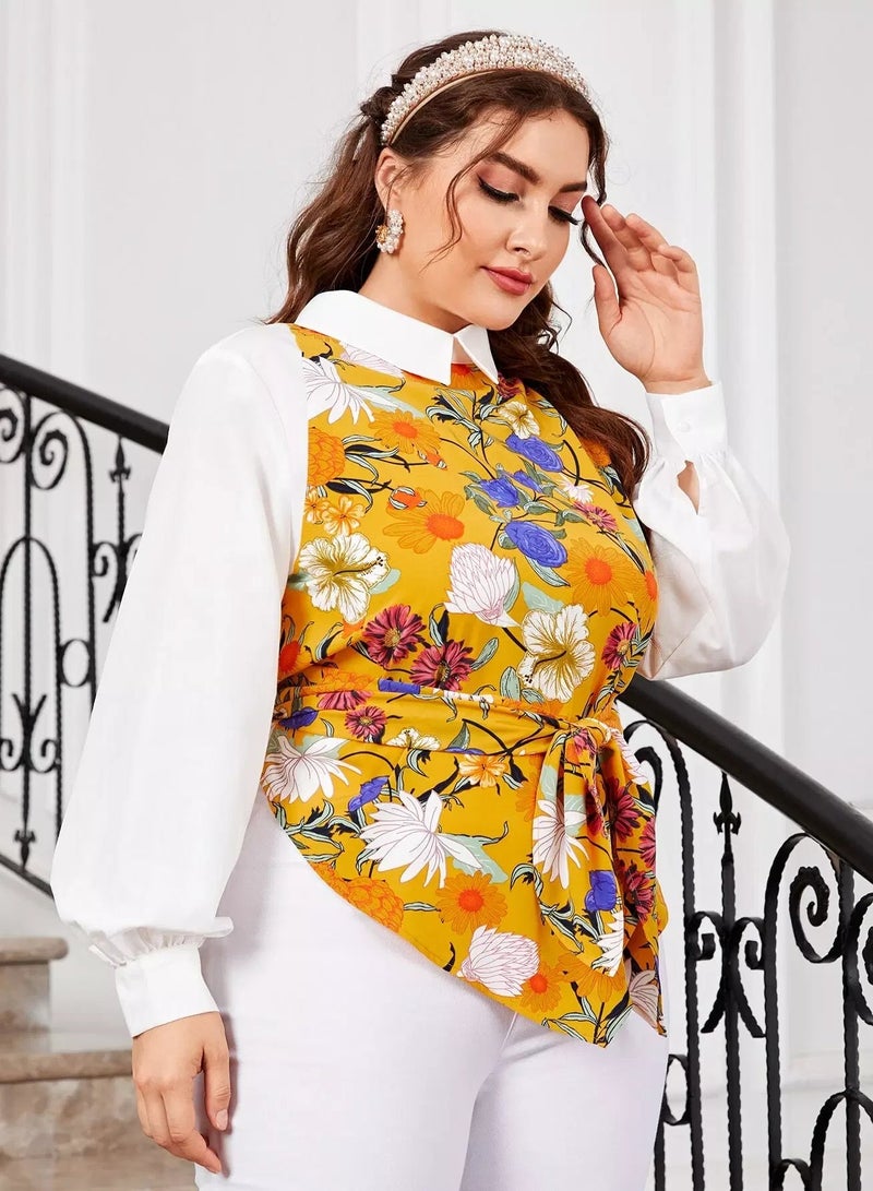 Plus Floral Print Hanky Hem Bishop Sleeve Belted Blouse - Image 5