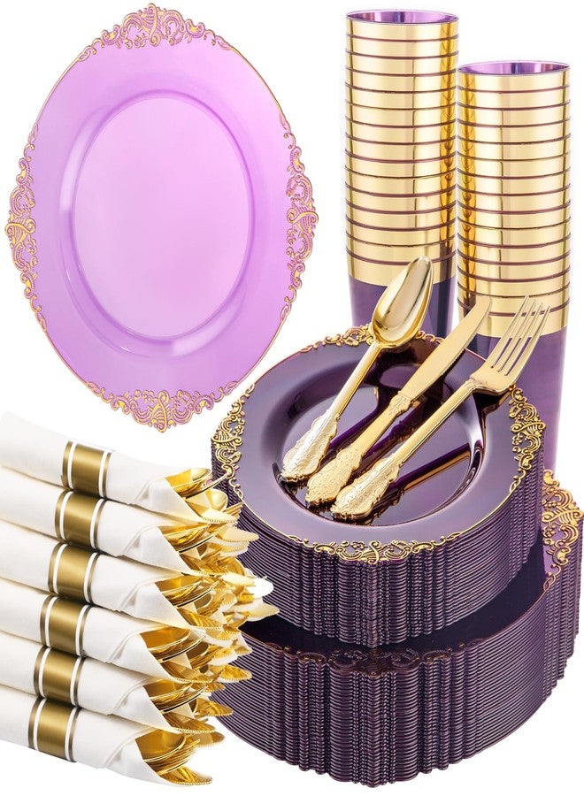 Hioasis 210pcs Purple and Gold Plastic Plates - Elegant Disposable Dinnerware Set Suitable for 30 Guests Include 10.25 Dinner & 7.5 Dessert Plates, Pre Rolled Silverware Set, Cups for Party & Wedding - Image 1