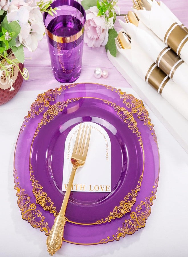 Hioasis 210pcs Purple and Gold Plastic Plates - Elegant Disposable Dinnerware Set Suitable for 30 Guests Include 10.25 Dinner & 7.5 Dessert Plates, Pre Rolled Silverware Set, Cups for Party & Wedding - Image 5