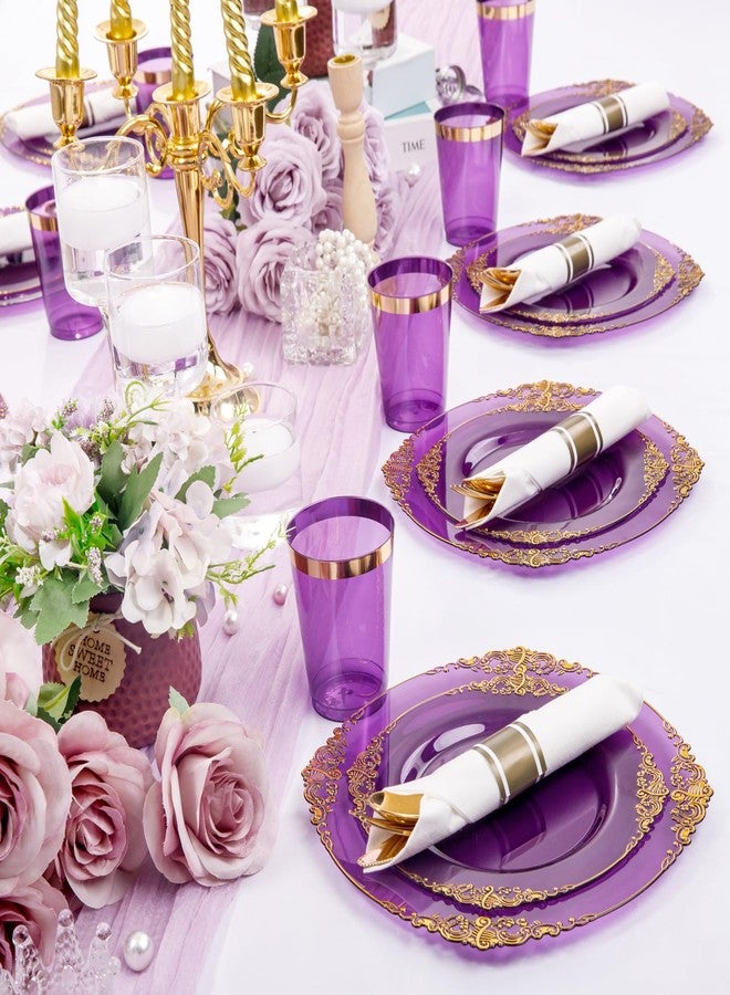 Hioasis 210pcs Purple and Gold Plastic Plates - Elegant Disposable Dinnerware Set Suitable for 30 Guests Include 10.25 Dinner & 7.5 Dessert Plates, Pre Rolled Silverware Set, Cups for Party & Wedding - Image 2