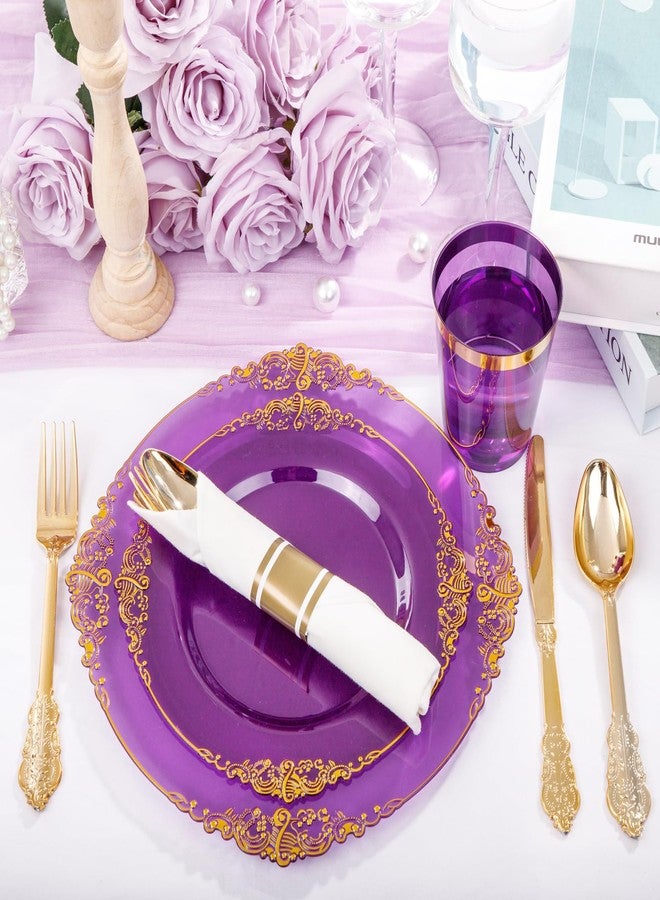 Hioasis 210pcs Purple and Gold Plastic Plates - Elegant Disposable Dinnerware Set Suitable for 30 Guests Include 10.25 Dinner & 7.5 Dessert Plates, Pre Rolled Silverware Set, Cups for Party & Wedding - Image 4