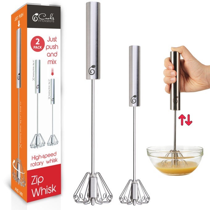 STAINLESS STEEL EGG WHISK EASY TO USE SEMIAUTOMATIC PUSHDOWN ZIP WHISKER ROTARY HAND MIXER FOR BEATING EGGS FROTHING MILK BLENDING MIXING WHIPPING SMOOTHIES SHAKES 2 PACK 12 14 INCH
