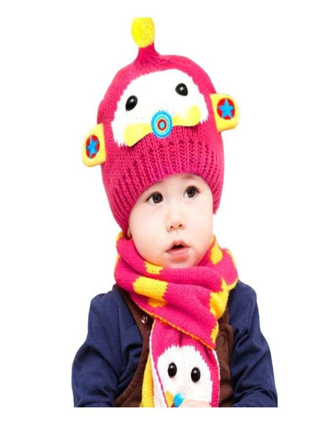Malvina Winter Warm Baby Hat Warm Cute Cartoon Crochet Knitted Cap Baby Hat + Scarf 2pcs Sets (Pink) - Image 1