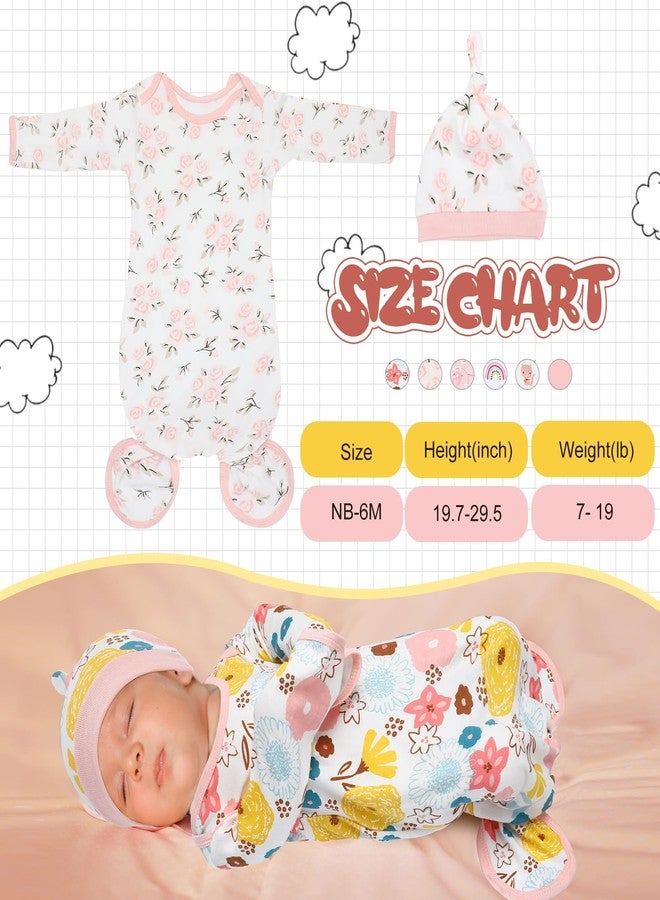 Cuffbow 6 Packs Newborn Baby Knotted Gowns Set 0-6 Months Cotton Sleeper Long Sleeve Nightgown Hat Set for Infant (Sweet Color,Stylish) - Image 4