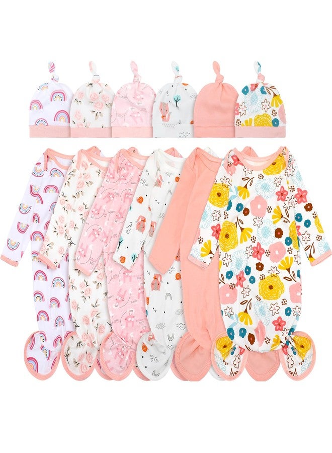 Cuffbow 6 Packs Newborn Baby Knotted Gowns Set 0-6 Months Cotton Sleeper Long Sleeve Nightgown Hat Set for Infant (Sweet Color,Stylish) - Image 1