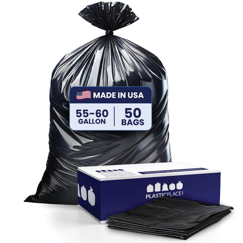 Plasticplace 5560 Gallon Trash Bags 12 Mil Black Heavy Duty Garbage Can Liners 38 x 58 50 Count