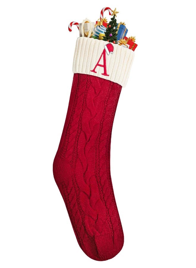 Mr. Pen- Christmas Stockings with Initials, 18", Letter A, Red and Cream, Cable Knit Stockings for Christmas, Cable Knit Christmas Stocking for Christmas, Large Knit Stockings Christmas - Image 1
