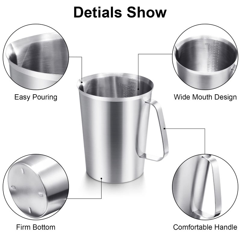 Flutesan 3 Pcs Stainless Steel Measuring Cups Measuring Pitcher with Handle with Markings for Latte Art, Water Pouring 2/4/8 Cup (16/32/64 oz) - Image 2