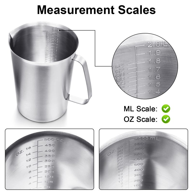 Flutesan 3 Pcs Stainless Steel Measuring Cups Measuring Pitcher with Handle with Markings for Latte Art, Water Pouring 2/4/8 Cup (16/32/64 oz) - Image 3