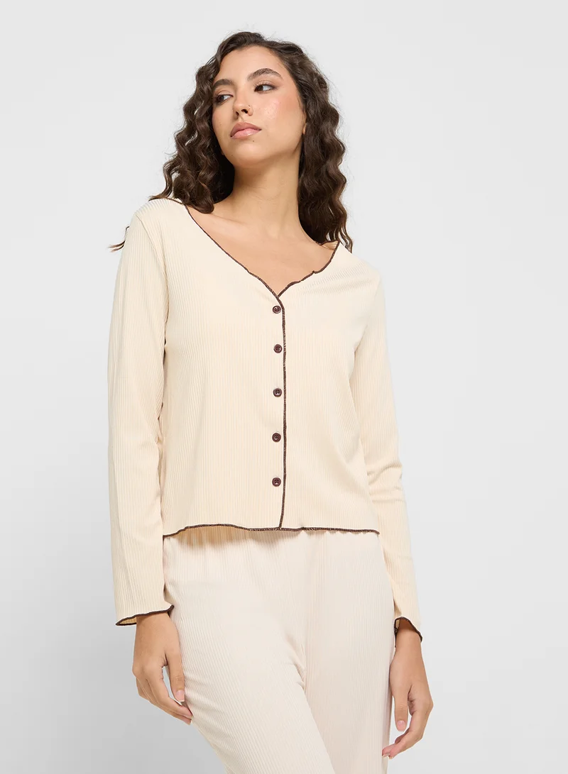 جينجر Knitted Shirt & Pyjama Set With Contrast Trim