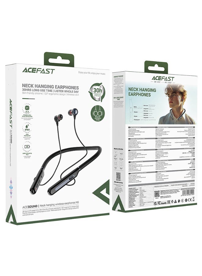 ACEFAST In-Ear Bluetooth Neckband Earphones N5, 30 hours of Music Playback Time, Neck-hanging wireless earphones, USB-C Charging Port, Full Charge in 1 Hour, IPX4 Waterproof - Black - Image 5