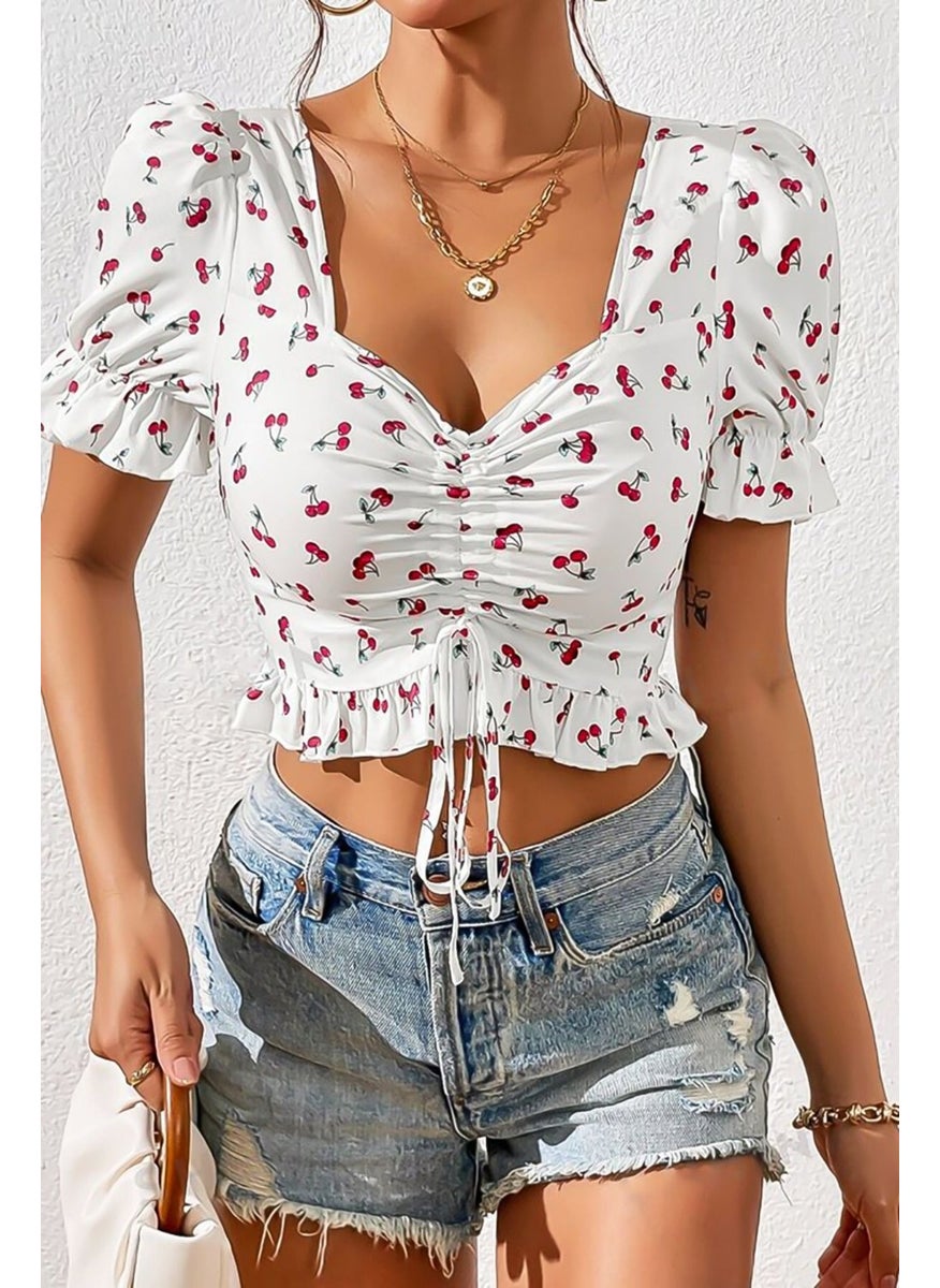 Bella Notte Women's White Cherry Printed Pleated Blouse  - Image 5