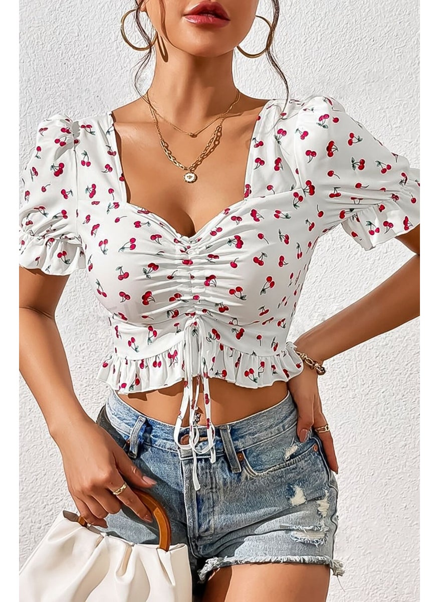 Bella Notte Women's White Cherry Printed Pleated Blouse  - Image 1