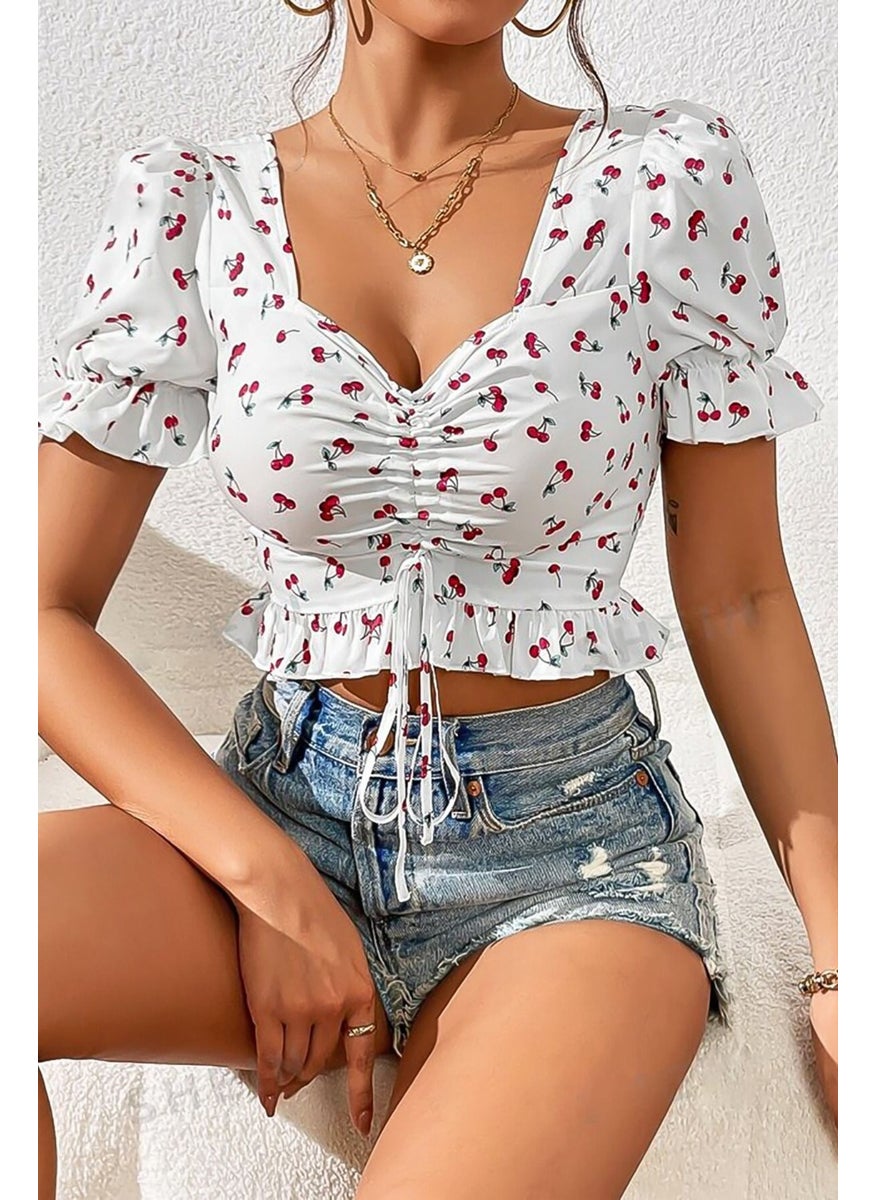 Bella Notte Women's White Cherry Printed Pleated Blouse  - Image 2