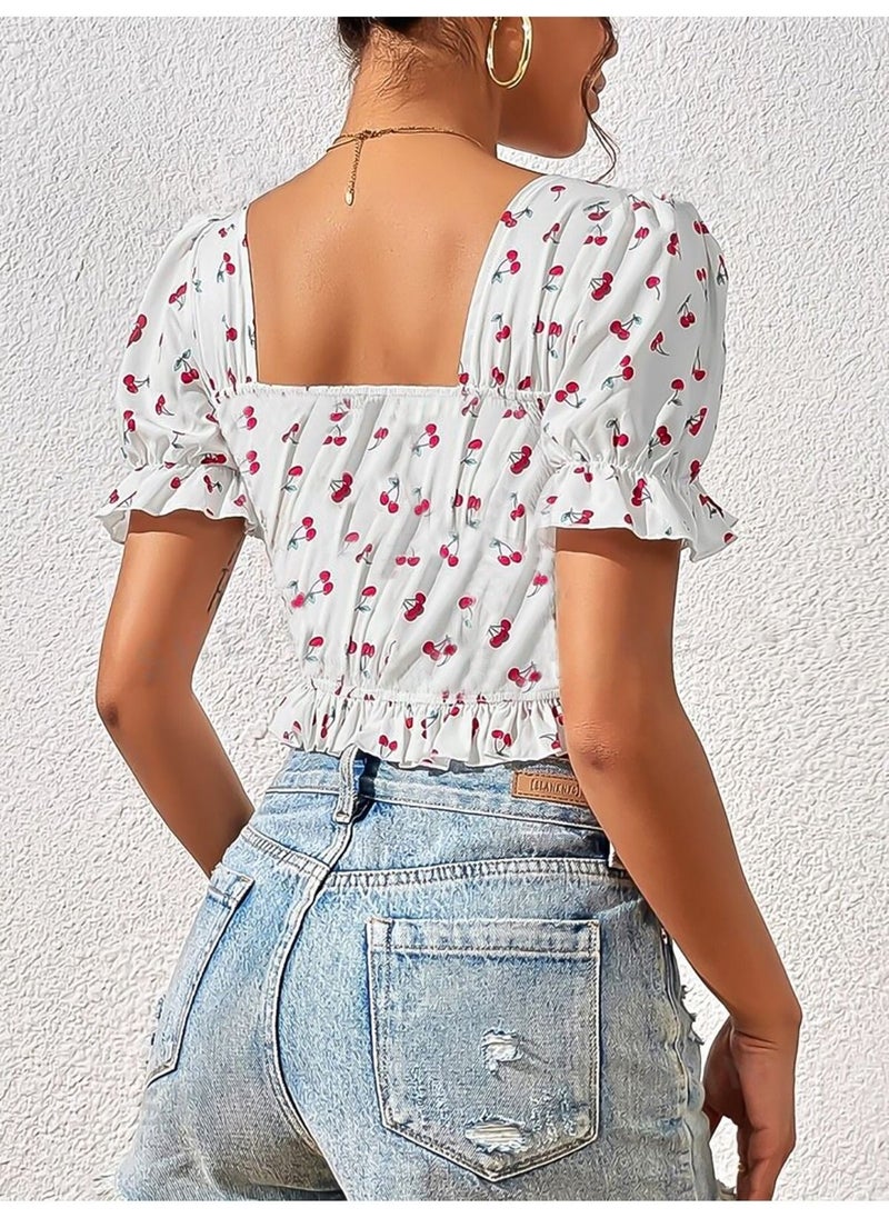 Bella Notte Women's White Cherry Printed Pleated Blouse  - Image 3