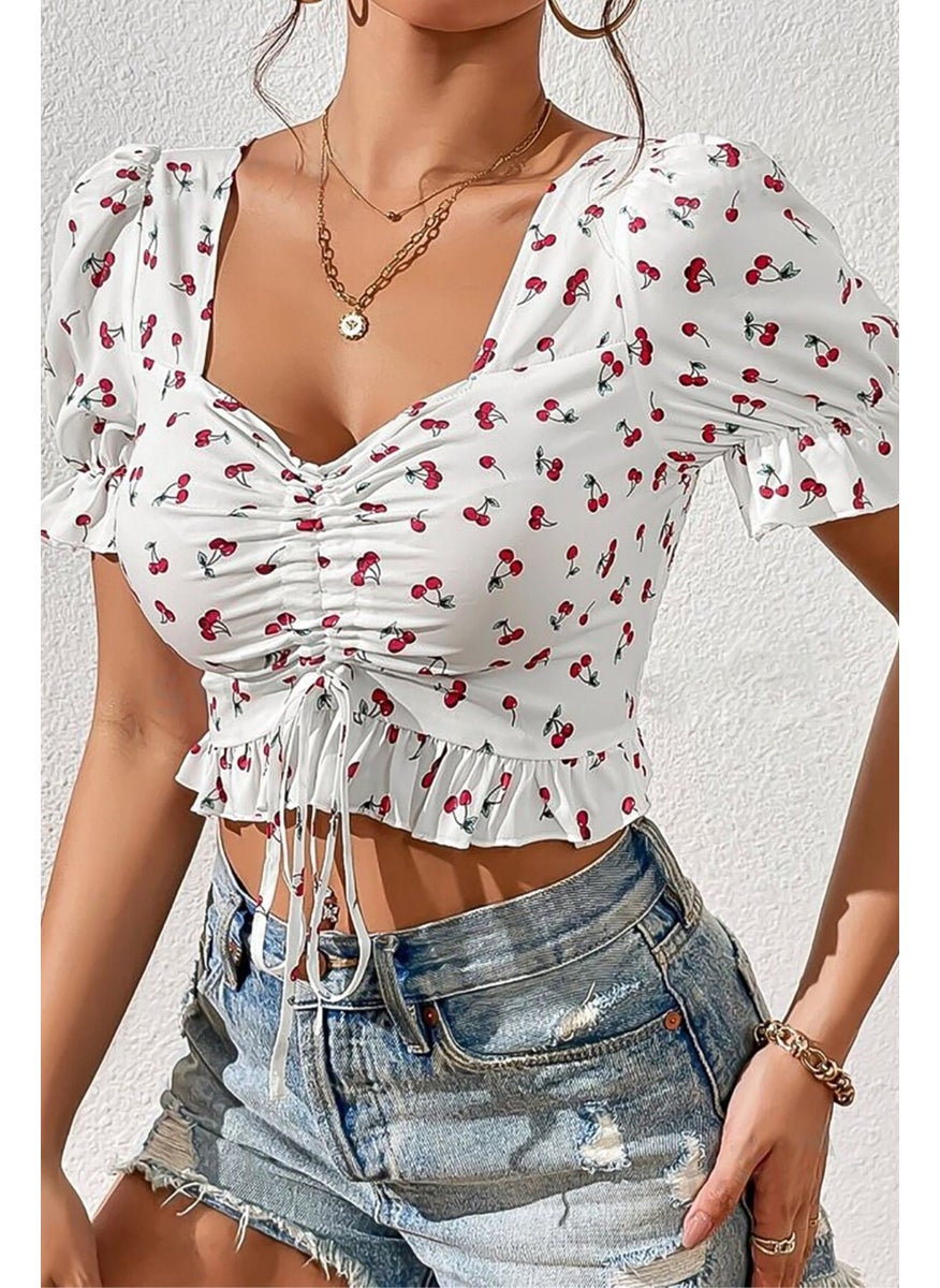 Bella Notte Women's White Cherry Printed Pleated Blouse  - Image 4