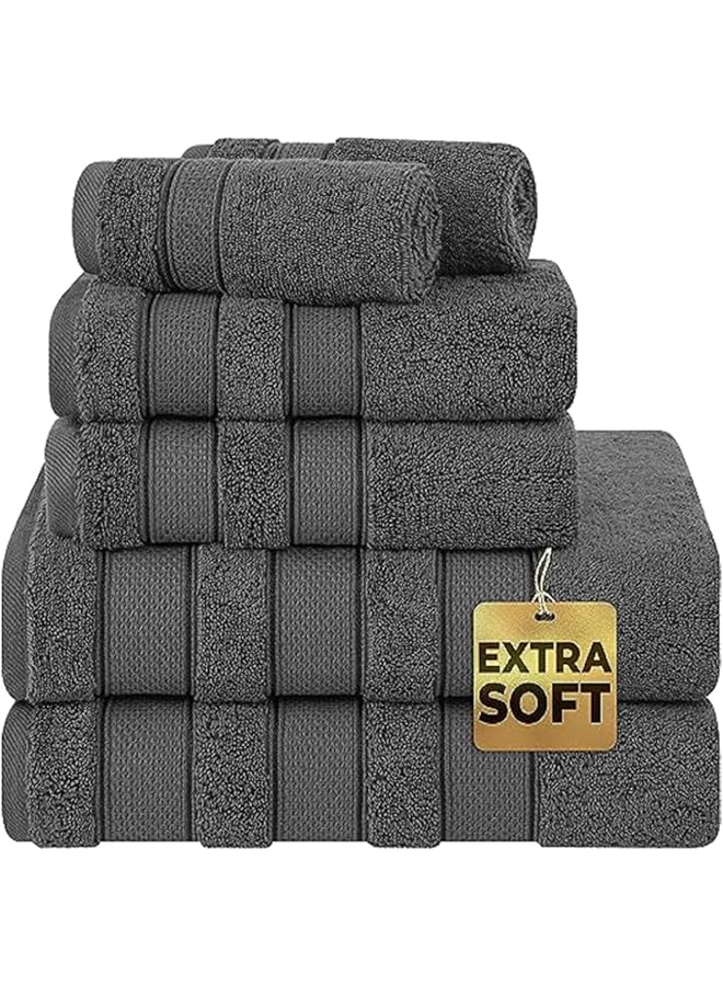 The Bros طقم مناشف 6 قطع 100% قطن تركي أصلي فائق النعومة وامتصاص جودة فندقية فاخرة 600 GSM مناشف حمام قطنية، 2 منشفة استحمام، 2 منشفة يد، 2 قطعة قماش للغسيل، رمادي داكن - Image 1
