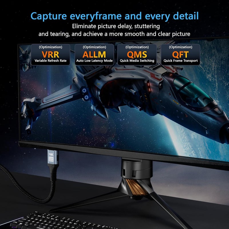 كابل HDMI 2.2 بطول 6.6 أقدام/2 متر بدقة 16K و8K وسرعة 96 جيجابت في الثانية، كابل ألعاب فائق السرعة يدعم 4K@480Hz و8K@240Hz، HDCP 2.2 و2.3، HDR ديناميكي، eARC، DTS:X، متوافق مع الكمبيوتر/شاشة/تلفزيون/HDTV/PS5/بلو راي - Image 4