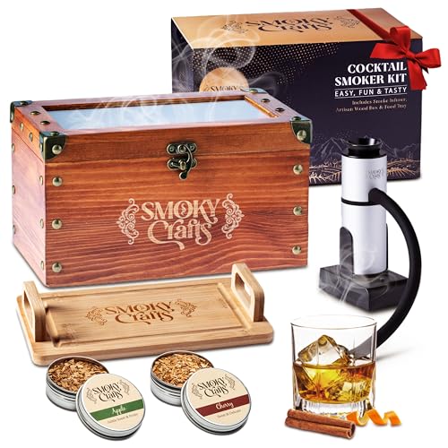 Smoky Crafts Old Fashioned Smoker Kit - Whiskey Smoker Kit with Smoking Gun, Cocktail Smoke Box, Food Tray and Wood Chips (Apple & Cherry) - Bourbon Gifts for Men - Image 1