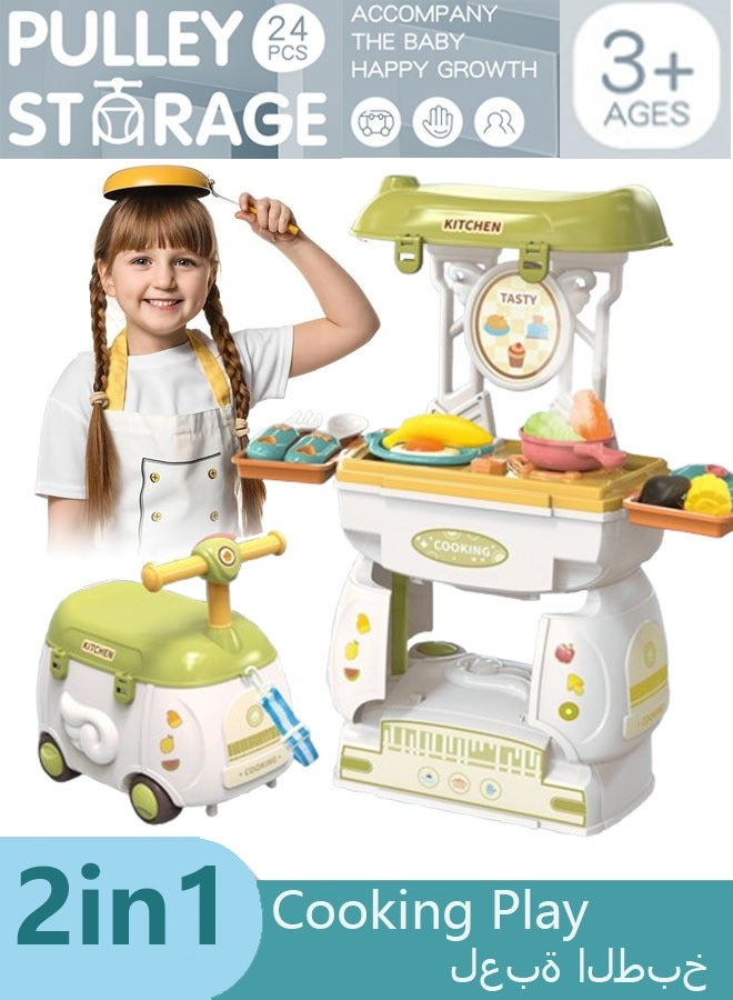 Children Play House Toy Creative 2-in-1 Simulation Kitchen Utensils  Slanting Stroller Toys Birthday Gift  ,Pulley Car play Cart Kit for Kids 3 4 5, Cooking Play Table Set Realistic Toddlers Toys fo - Image 1