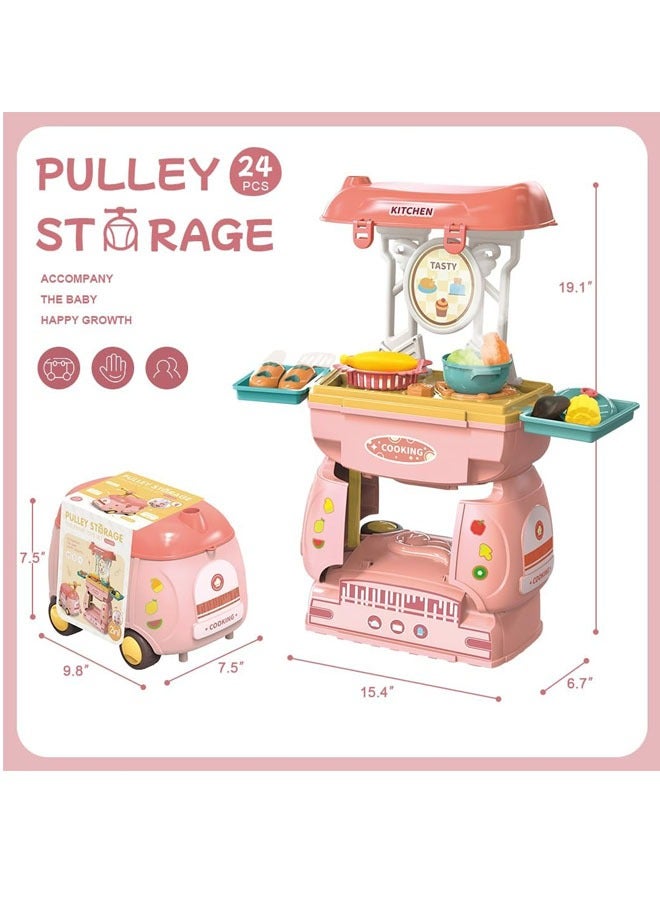 Children Play House Toy Creative 2-in-1 Simulation Kitchen Utensils  Slanting Stroller Toys Birthday Gift  ,Pulley Car play Cart Kit for Kids 3 4 5, Cooking Play Table Set Realistic Toddlers Toys fo - Image 2