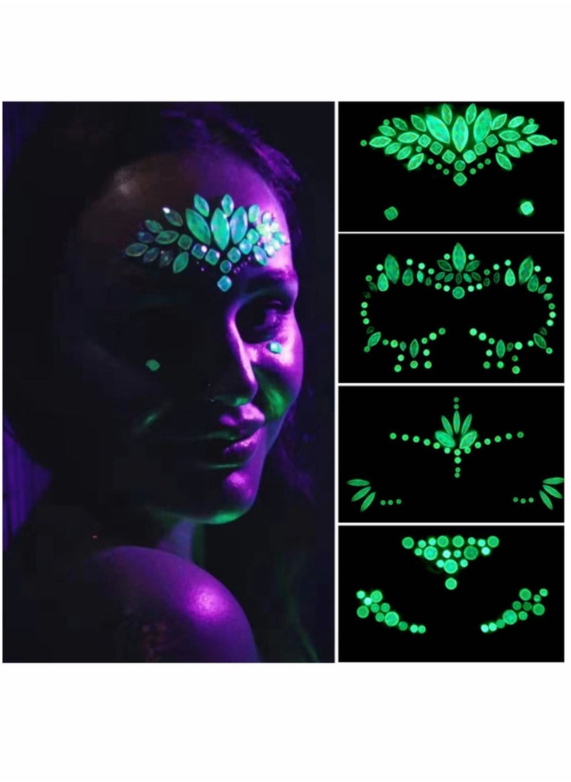 Y&D - 4 Sets Luminous Face Jewels, Women Mermaid Gems, Glitter Rhinestone Rave Stickers, Crystals Eyes Temporary Tattoos Glow in the Dark - Image 1