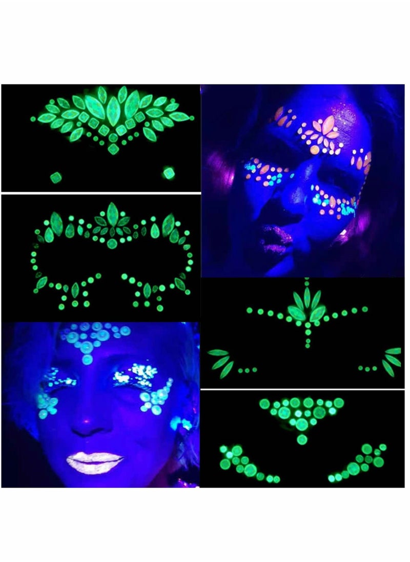Y&D - 4 Sets Luminous Face Jewels, Women Mermaid Gems, Glitter Rhinestone Rave Stickers, Crystals Eyes Temporary Tattoos Glow in the Dark - Image 1