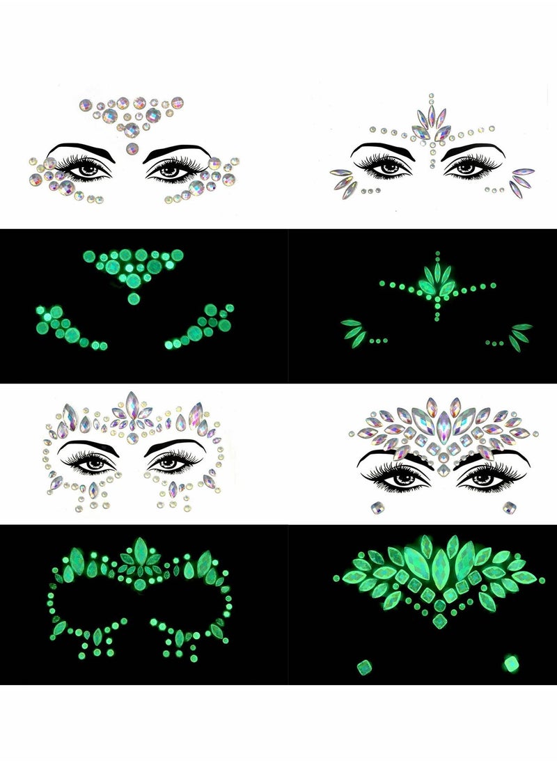 Y&D - 4 Sets Luminous Face Jewels, Women Mermaid Gems, Glitter Rhinestone Rave Stickers, Crystals Eyes Temporary Tattoos Glow in the Dark - Image 1