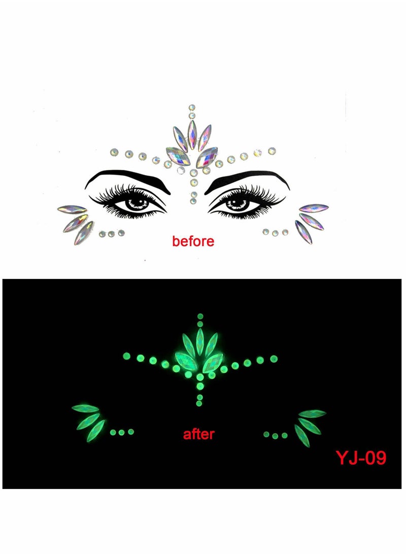 Y&D - 4 Sets Luminous Face Jewels, Women Mermaid Gems, Glitter Rhinestone Rave Stickers, Crystals Eyes Temporary Tattoos Glow in the Dark - Image 1