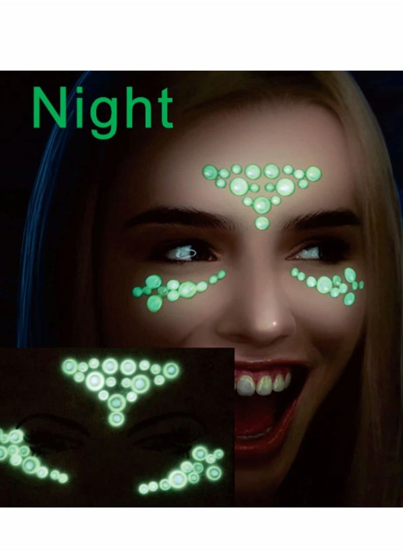 Y&D - 4 Sets Luminous Face Jewels, Women Mermaid Gems, Glitter Rhinestone Rave Stickers, Crystals Eyes Temporary Tattoos Glow in the Dark - Image 1