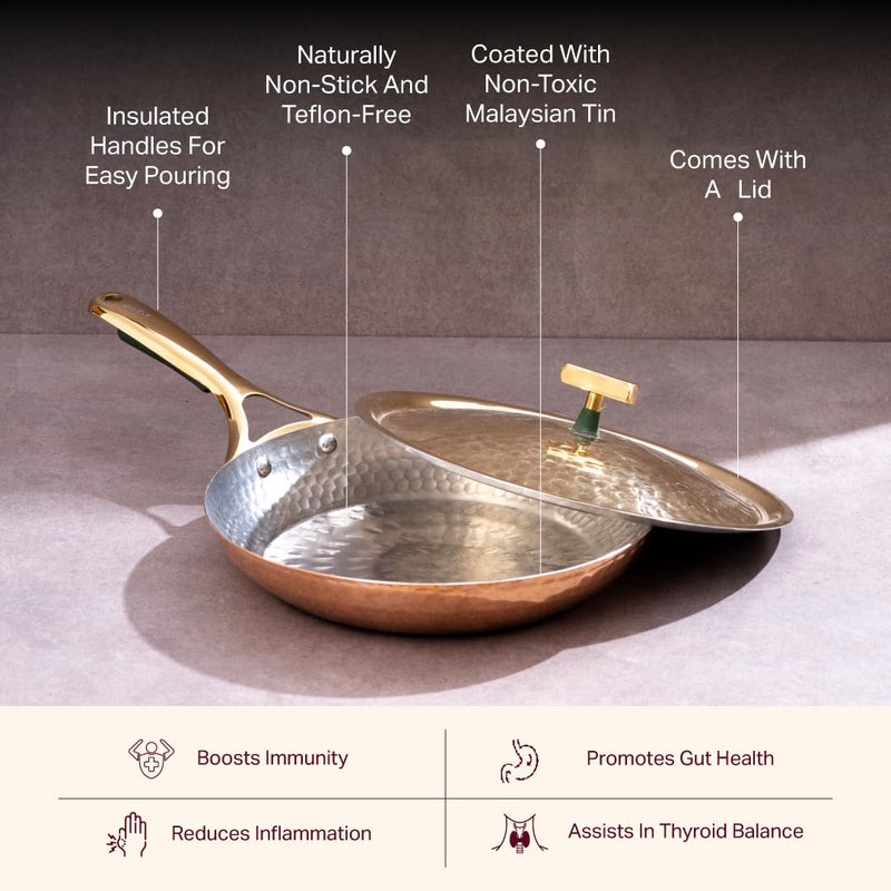 P-TAL 10.5" Copper Curved Fry Pan with Brass Lid | 100% Pure Copper, Golden Hammered Finish - Image 3