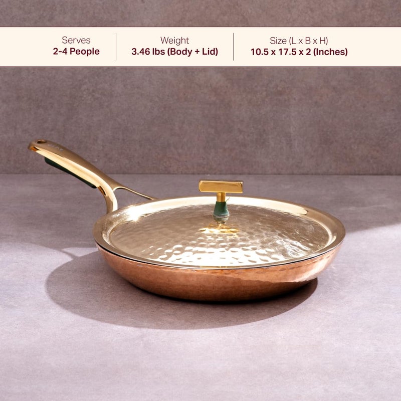 P-TAL 10.5" Copper Curved Fry Pan with Brass Lid | 100% Pure Copper, Golden Hammered Finish - Image 2