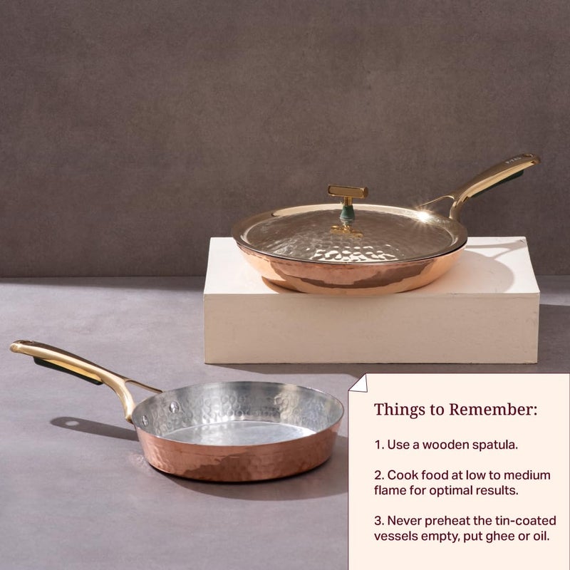 P-TAL 10.5" Copper Curved Fry Pan with Brass Lid | 100% Pure Copper, Golden Hammered Finish - Image 5