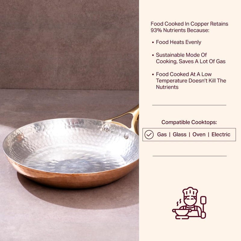 P-TAL 10.5" Copper Curved Fry Pan with Brass Lid | 100% Pure Copper, Golden Hammered Finish - Image 4