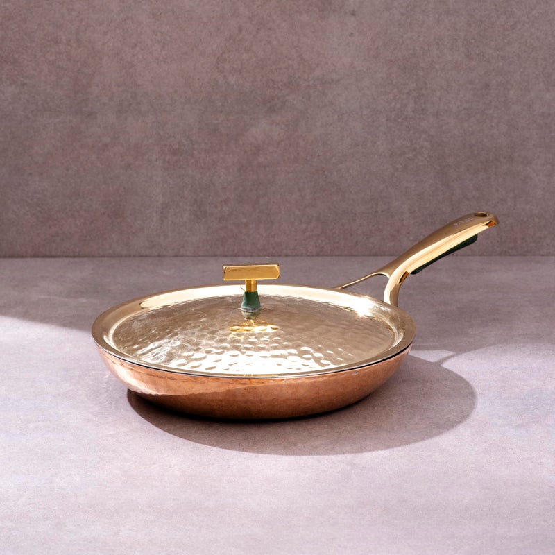 P-TAL 10.5" Copper Curved Fry Pan with Brass Lid | 100% Pure Copper, Golden Hammered Finish - Image 1