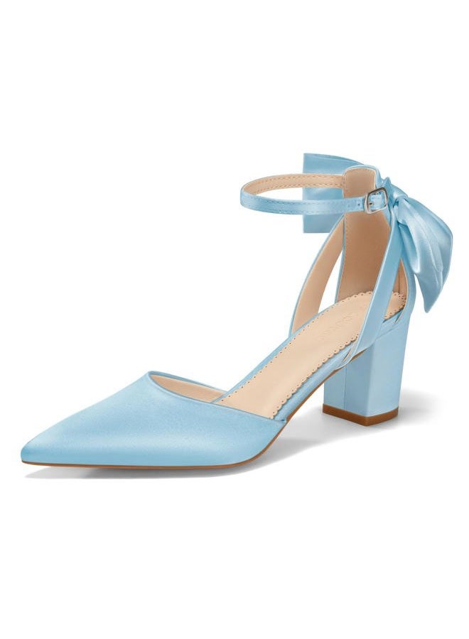 Coutgo Womens Chunky Heels Low Heel Ankle Strap D'Orsay Pumps Closed Pointed Toe Wedding Bridal Shoes, Light Blue, 8 - Image 1