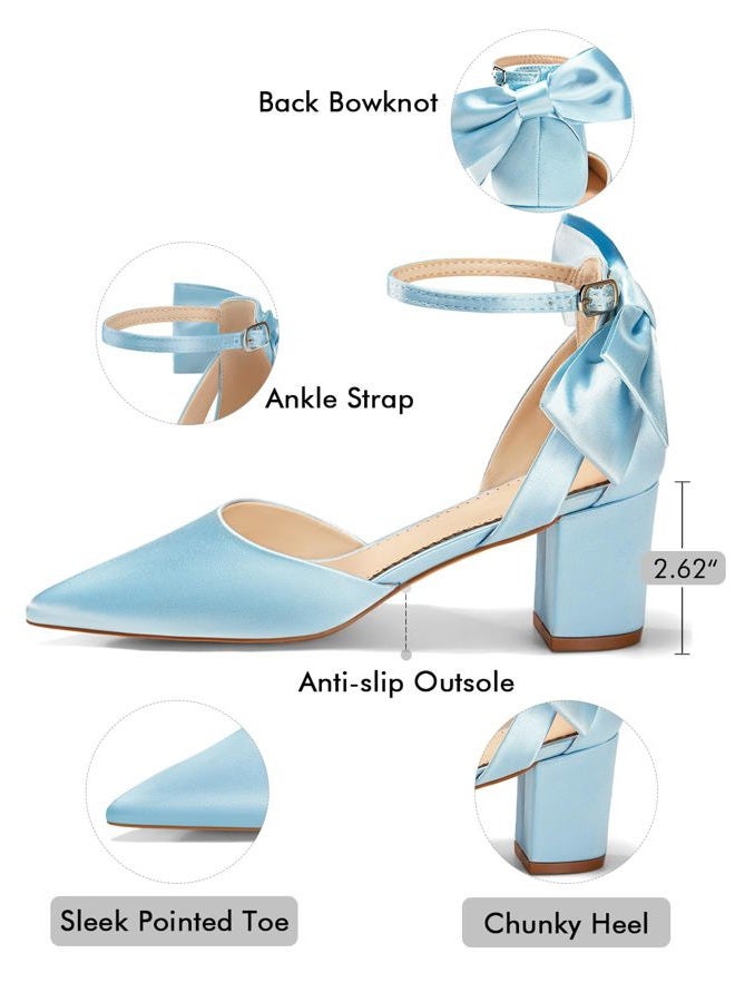 Coutgo Womens Chunky Heels Low Heel Ankle Strap D'Orsay Pumps Closed Pointed Toe Wedding Bridal Shoes, Light Blue, 8 - Image 5